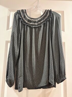 LOFT Black and White Polka Dot Smocked-Neck Blouse